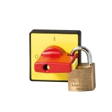 Pokrętło czerwone ON-OFF , żółta tabliczka 48x48 blokada na kłódkę montaż na szynę, blokada drzwi 006/0001