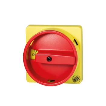 Pokrętło czerwone ON-OFF, żółta tabliczka blokada na kłódkę 67x67 montaż na szynę, blokada drzwi, montaż w otwór fi22 064/0001